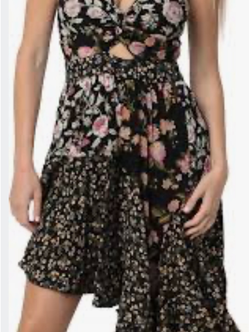 Black Floral Asymmetrical Dress with Pink Rose Print